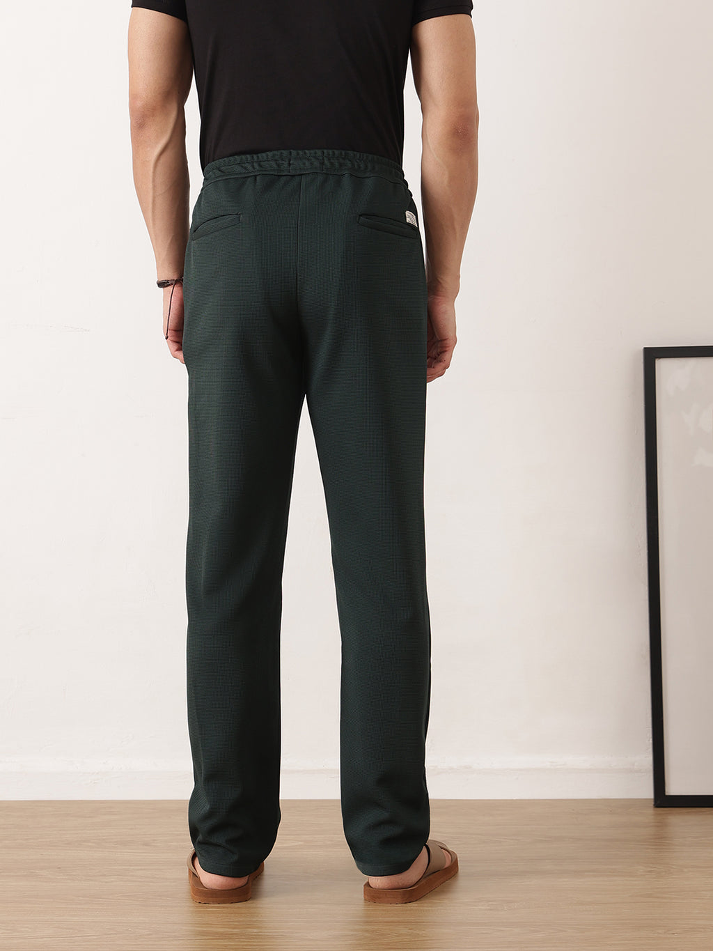 Thomas Scott Men Green Smart Regular Fit Mid-Rise Textured Pleated Knitted Casual Trousers with Drawstring Closure