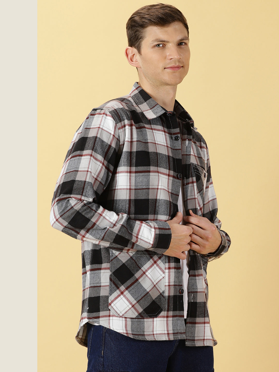 Thomas Scott Men Black Classic Oversize Fit Long Sleeves Spread Collar Tartan Checks Knitted Casual Shirt