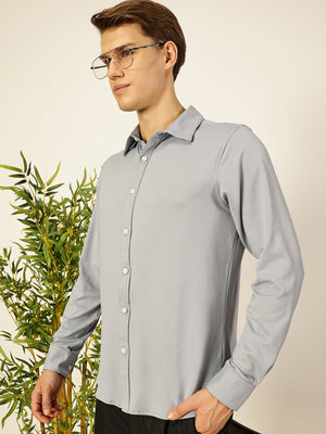 Thomas Scott Men Grey Premium Long Sleeves Slim Fit Spread Collar Solid Knitted Casual Shirt