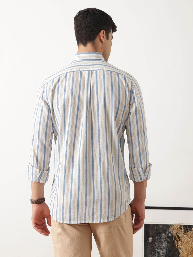 Thomas Scott Men Premium Blue Slim Fit Long Sleeves Vertical Striped Cotton Linen Casual Shirt with Button Down Collar