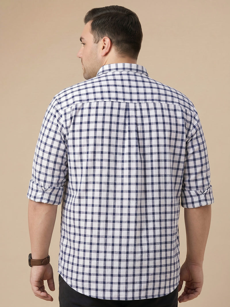 Thomas Scott Men Premium Navy Plus Size Regular Fit Long Sleeves Button Down Collar Gingham Checks Cotton Linen Casual Shirt