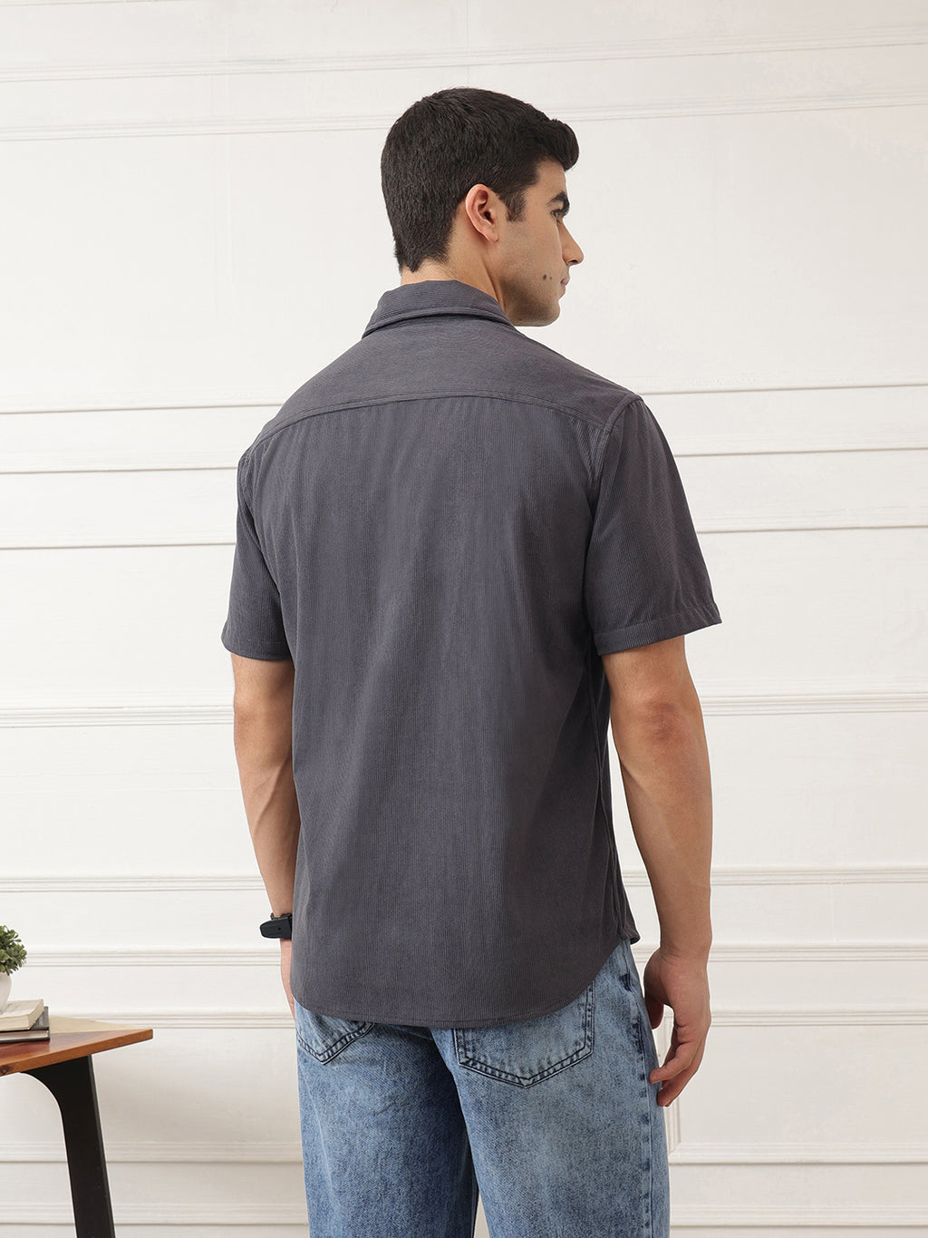 Dark Grey Oversized Short Sleeves Spread Collar Corduroy Shirt For Men