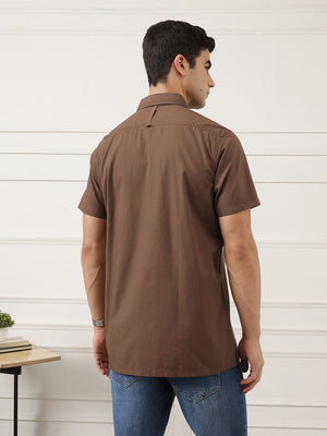 Brown Premium Regular Fit Short Sleeves Spread Collar Textured Casual Shirt For Men