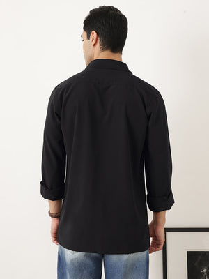 Thomas Scott Men Premium Black Slim Fit Long Sleeves Spread Collar Solid Casual Shirt