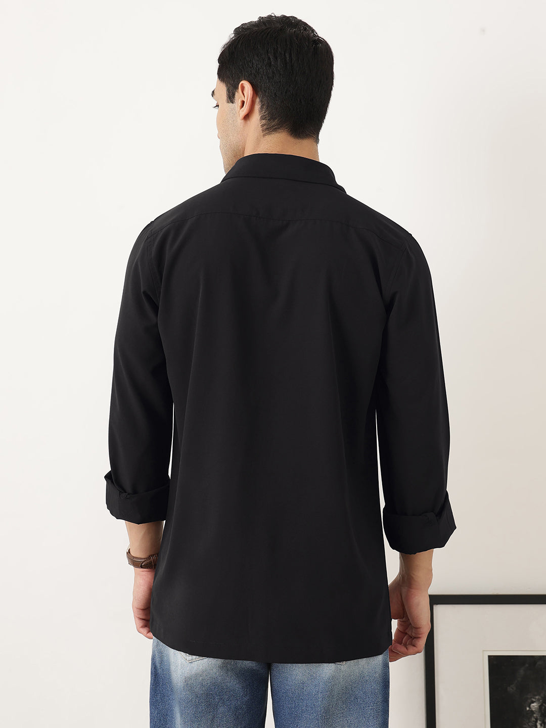 Thomas Scott Men Premium Black Slim Fit Long Sleeves Spread Collar Solid Casual Shirt