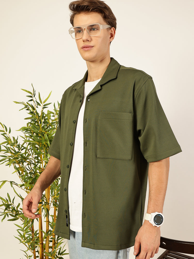 Thomas Scott Men Olive Premium Short Sleeves Regular Fit Cuban Collar Textured Cotton Twill Shirt