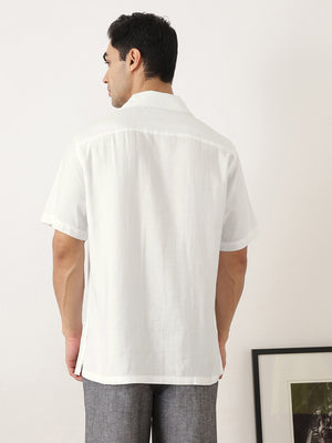 Thomas Scott Men Premium White Oversize Fit Short Sleeves Cuban Collar Textured Casual Shirt