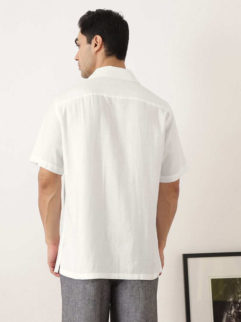 Thomas Scott Men Premium White Oversize Fit Short Sleeves Cuban Collar Textured Casual Shirt