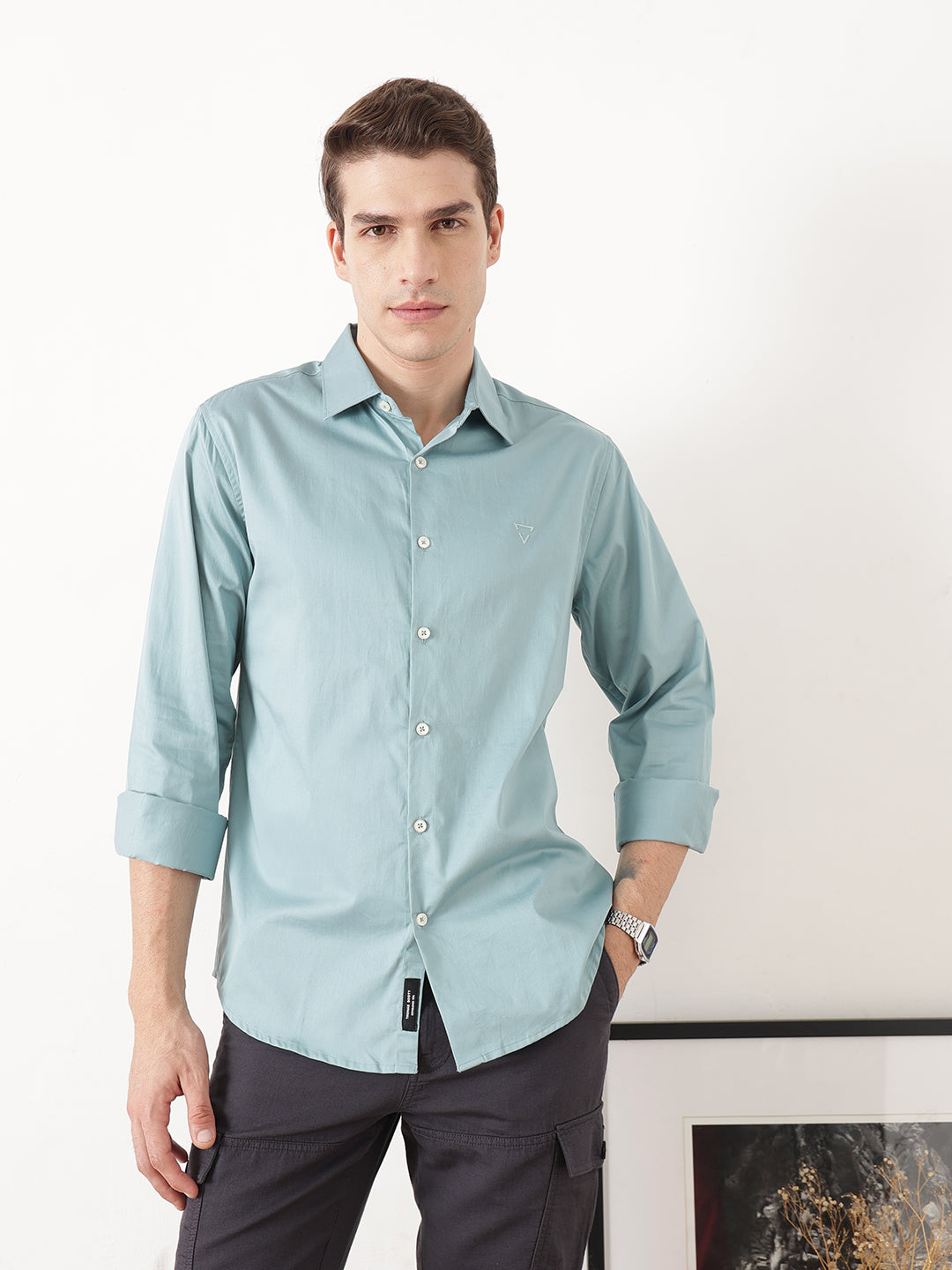 Sea Green Premium Slim Fit Solid Cotton Casual Shirt For Men