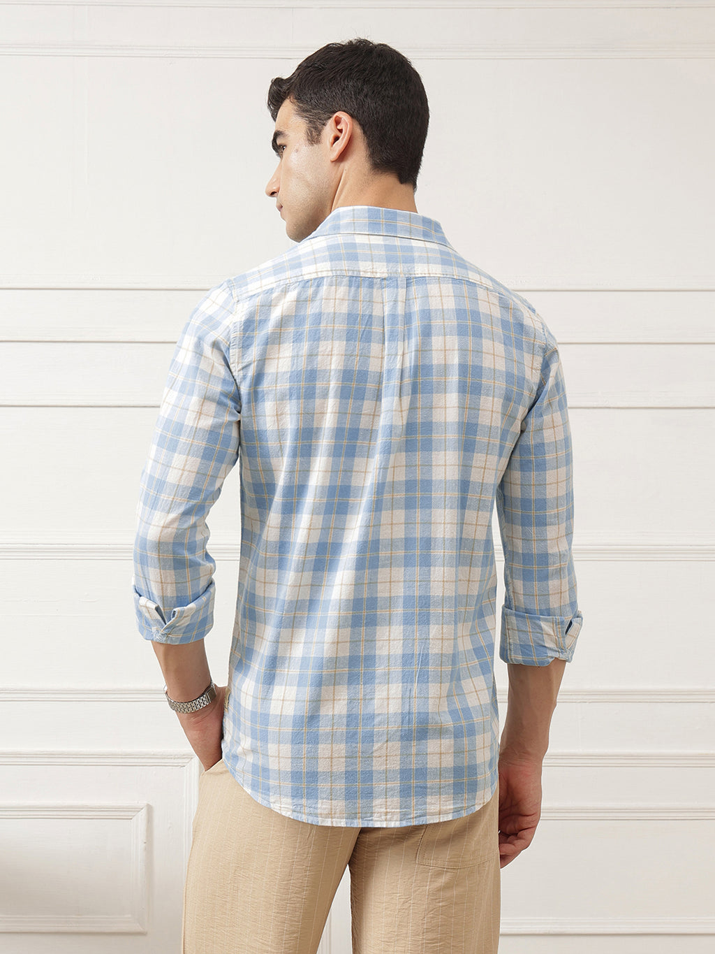 Light Blue Premium Slim Fit Graphic Checked Cotton Linen Casual Shirt For Men