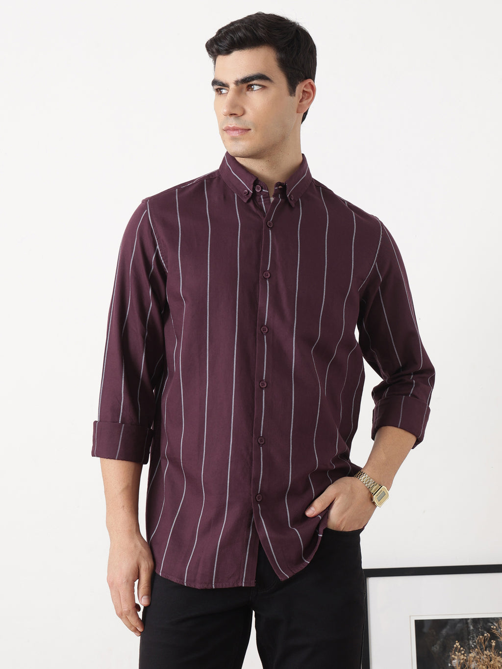 Maroon Slim Fit Long Sleeves Button-Down Collar Vertical Stripes Cotton Twill Casual Shirt For Men