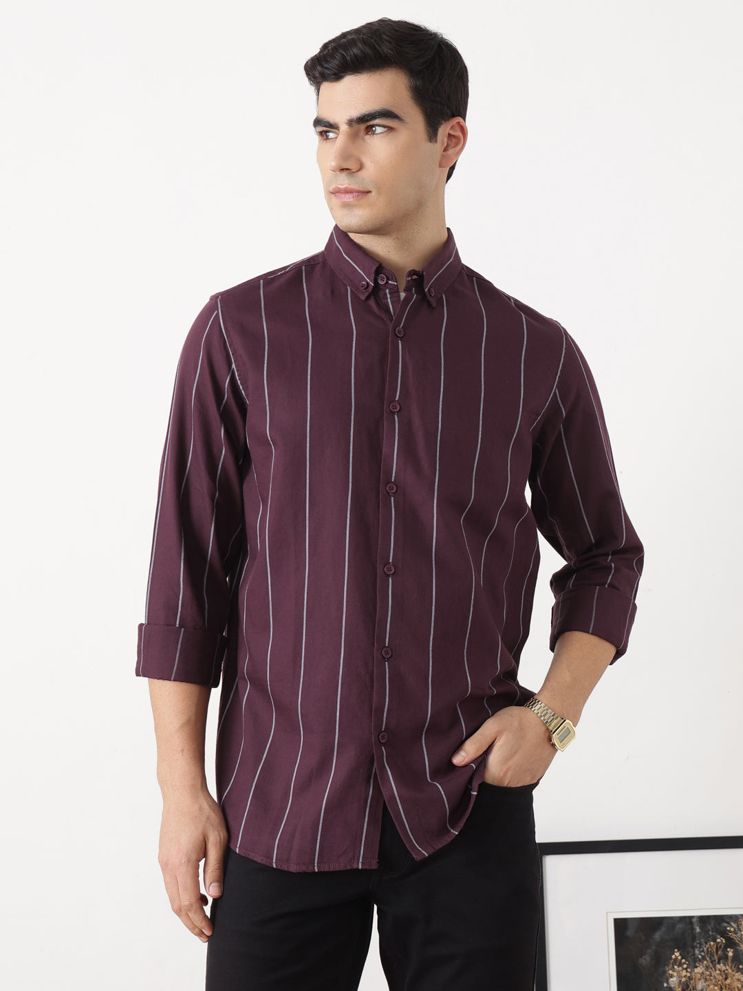 Maroon Slim Fit Long Sleeves Button-Down Collar Vertical Stripes Cotton Twill Casual Shirt For Men