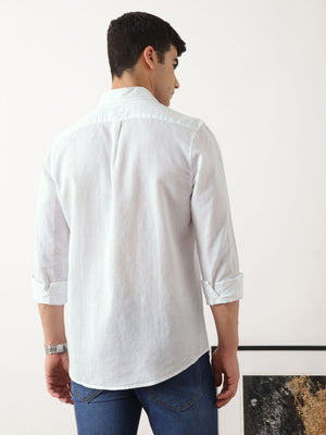Thomas Scott Men Premium White Slim Fit Solid Spread Collar Cotton Linen Casual Shirt with Long Sleeves