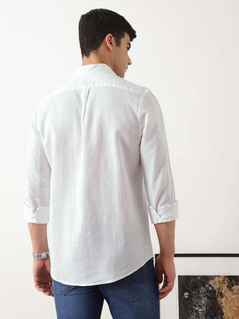 Thomas Scott Men Premium White Slim Fit Solid Spread Collar Cotton Linen Casual Shirt with Long Sleeves