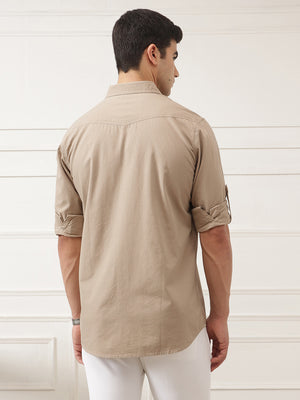 Beige Roll-Up Sleeve Regular Fit Spread Collar Textured Cotton Casual Shirt For Men