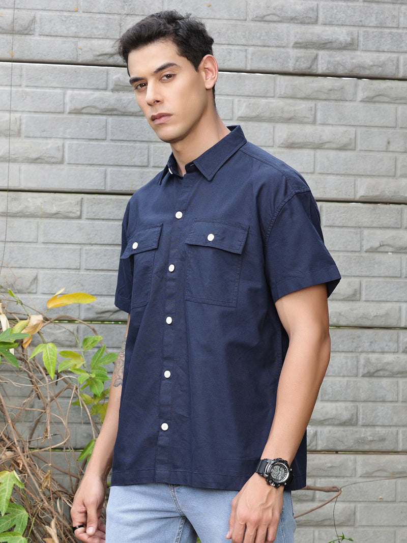 Thomas Scott Men Navy Smart Boxy Fit Short Sleeves Spread Collar Solid Cotton Oxford Shirt