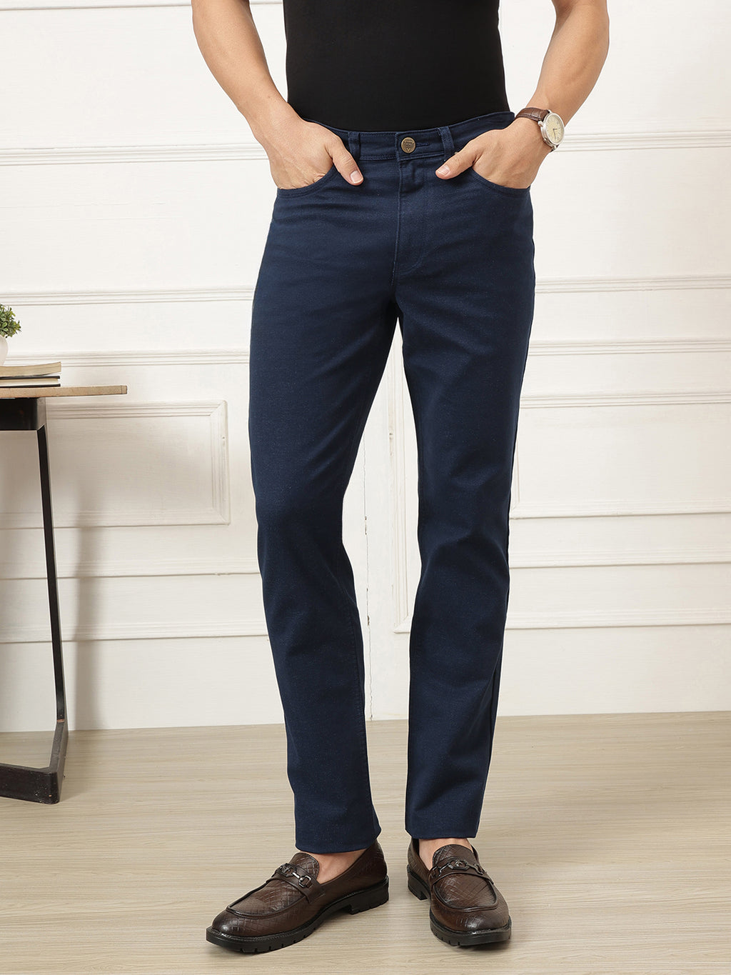 Navy Smart Straight Fit Mid-Rise Solid Woven Trouser For Men