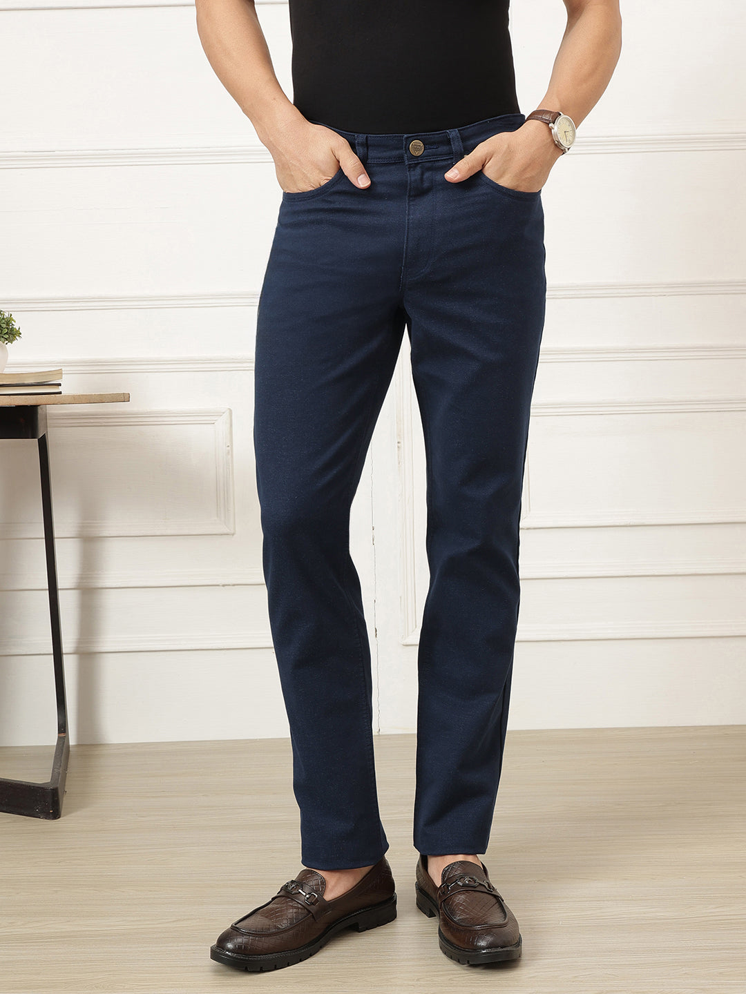 Navy Smart Straight Fit Mid-Rise Solid Woven Trouser For Men