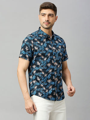 Thomas Scott Men Navy Classic Short Sleeves Slim Fit Spread Collar Floral Printed Cotton Casual Shirt