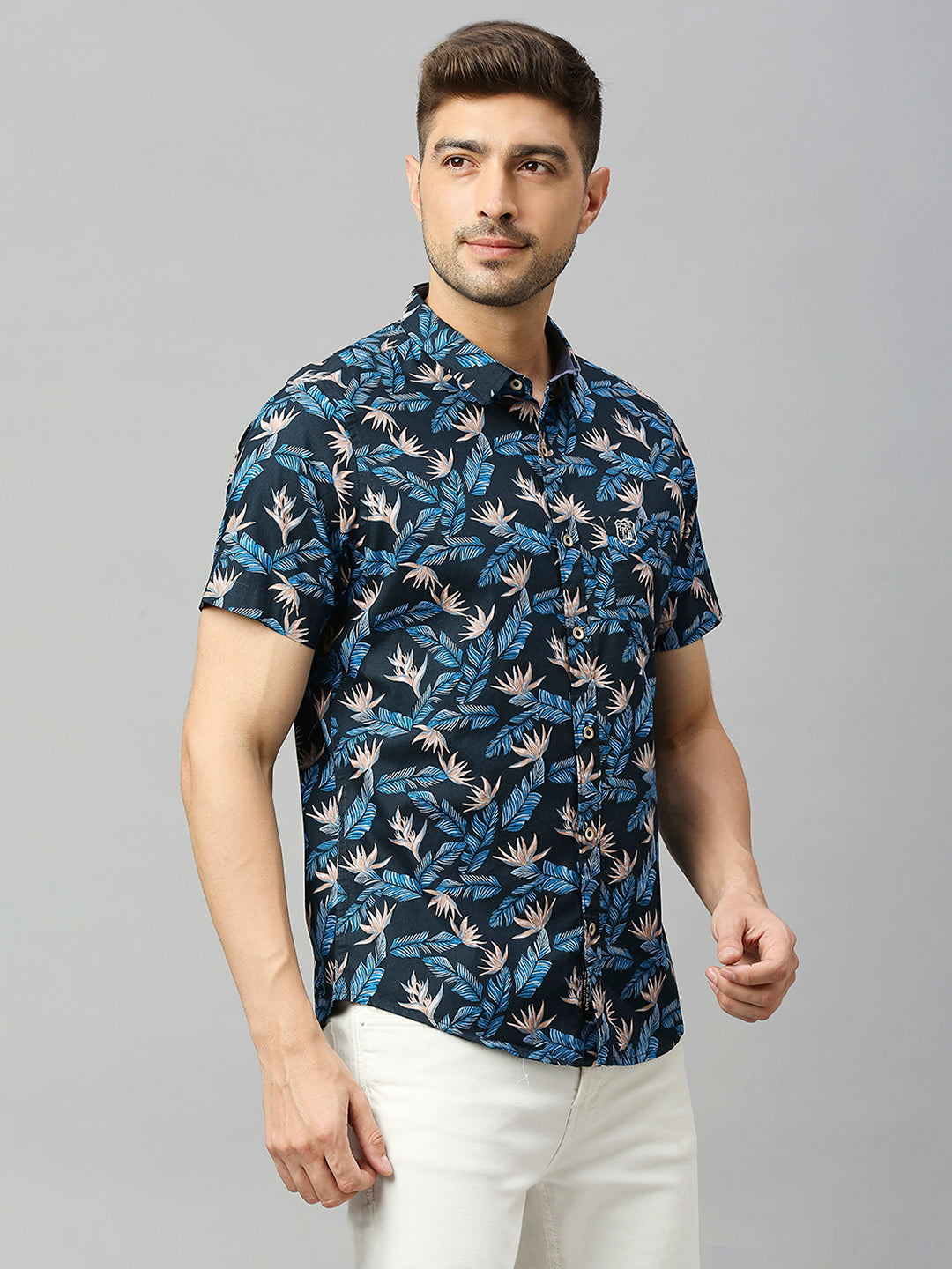 Thomas Scott Men Navy Classic Short Sleeves Slim Fit Spread Collar Floral Printed Cotton Casual Shirt