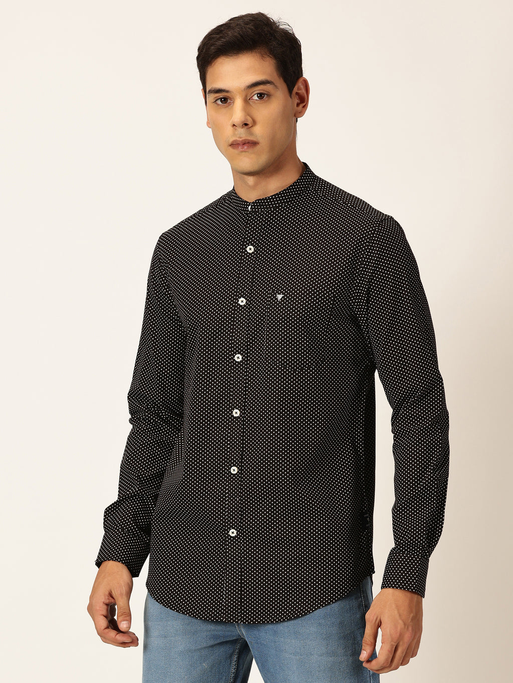 Thomas Scott Men Black Premium Slim Fit Long Sleeves Band Collar Micro Dots Printed Cotton Casual Shirt