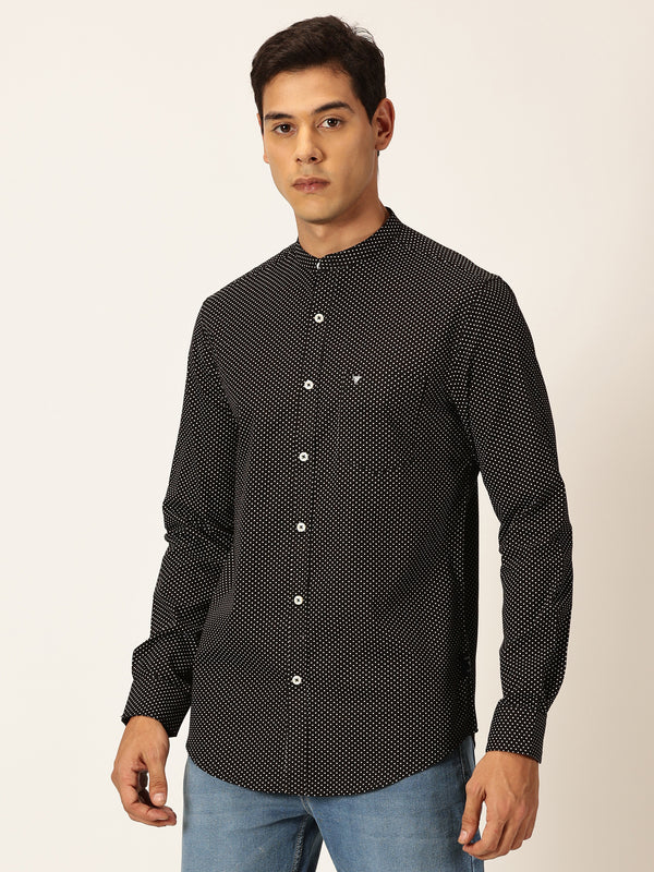 Thomas Scott Men Black Premium Slim Fit Long Sleeves Band Collar Micro Dots Printed Cotton Casual Shirt