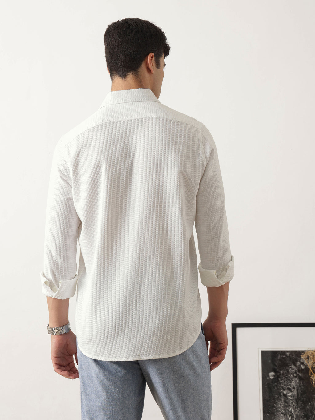Thomas Scott Men Premium White Regular Fit Long Sleeves Spread Collar Textured Casual Shirt