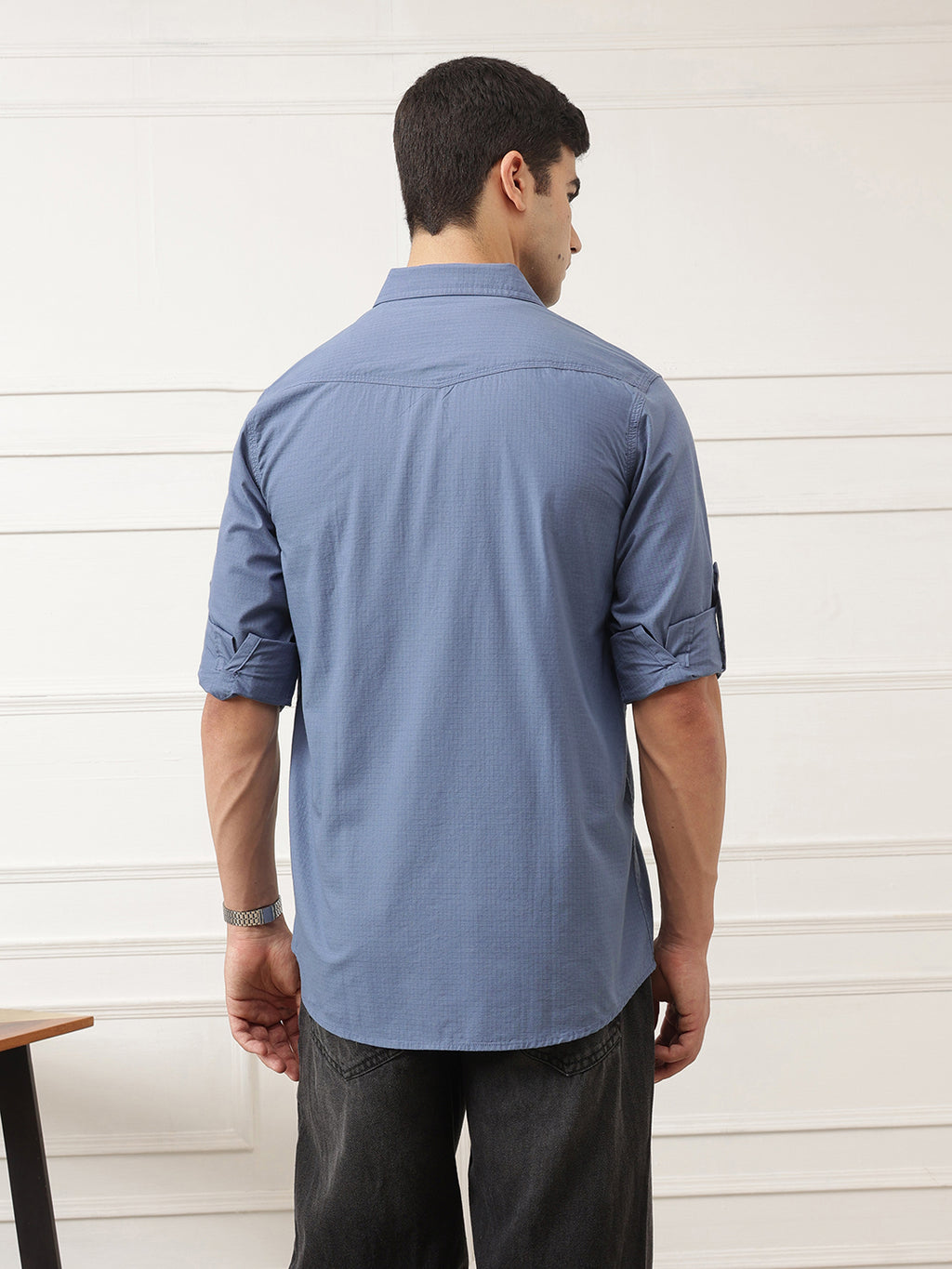 Mid Blue Roll-Up Sleeve Regular Fit Spread Collar Textured Cotton Casual Shirt For Men