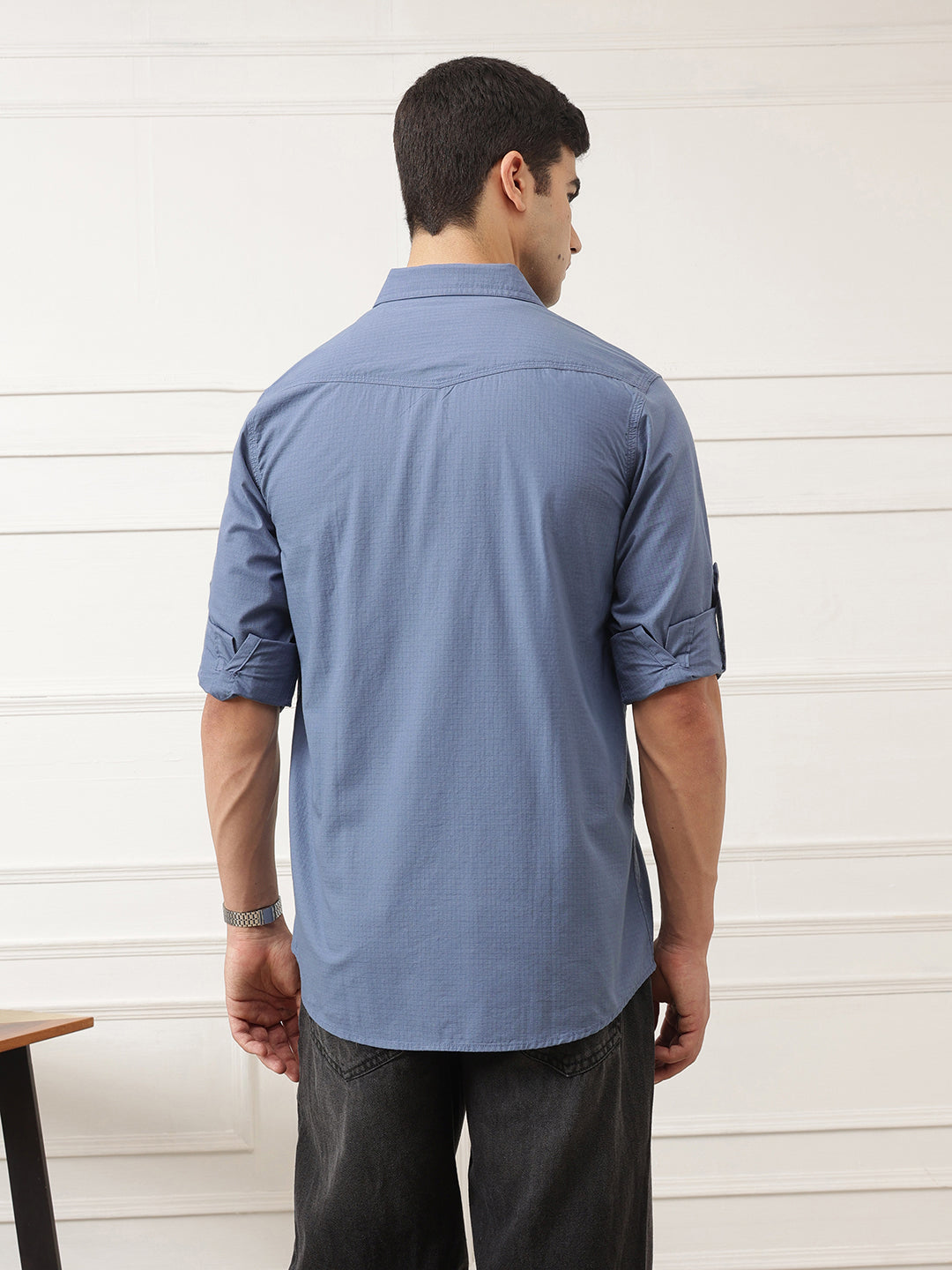 Mid Blue Roll-Up Sleeve Regular Fit Spread Collar Textured Cotton Casual Shirt For Men