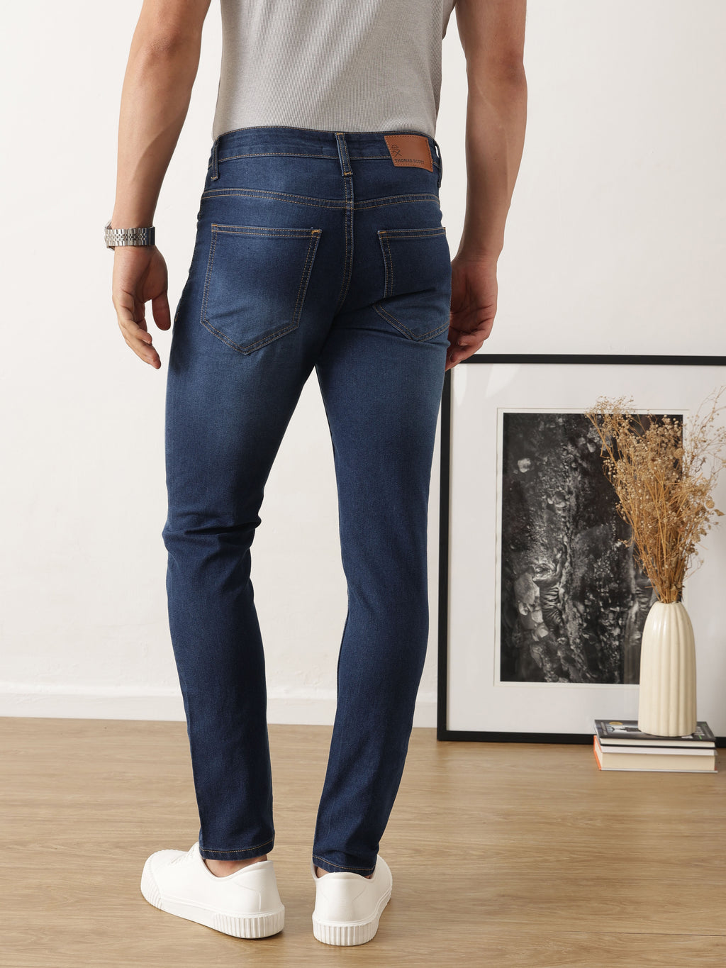 Thomas Scott Men Dark Blue Skinny Fit Medium Shade Clean Look Stretchable Jeans