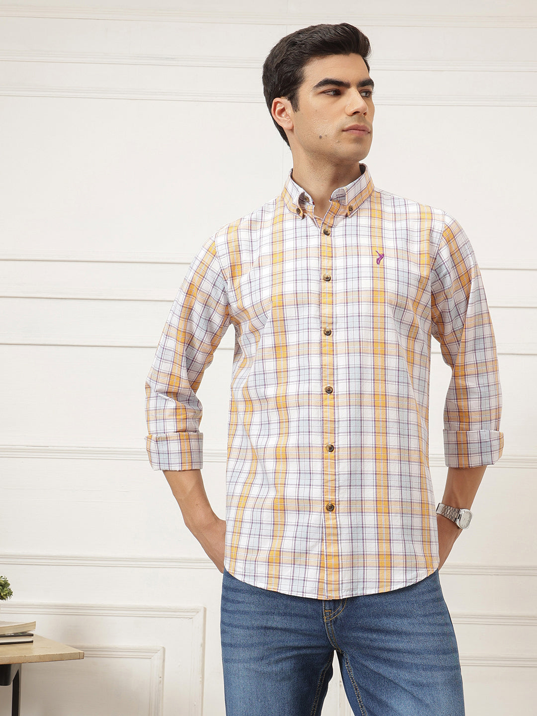 White Premium Regular Fit Tartan Checks Cotton Oxford Shirt For Men