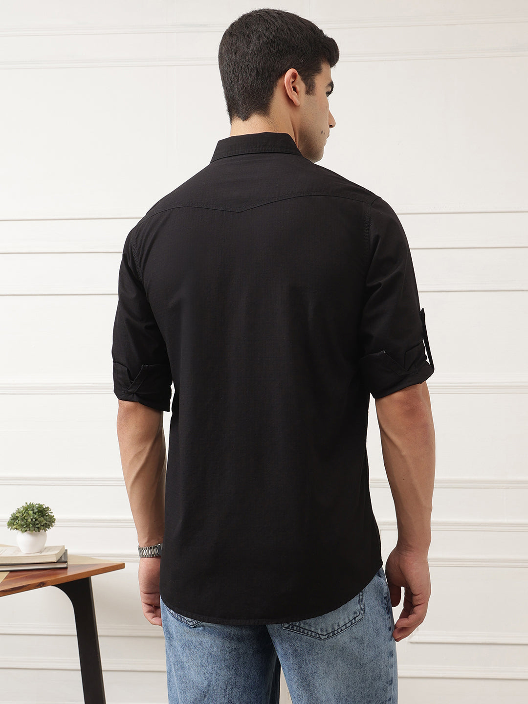 Black Roll-Up Sleeve Regular Fit Spread Collar Textured Cotton Casual Shirt For Men