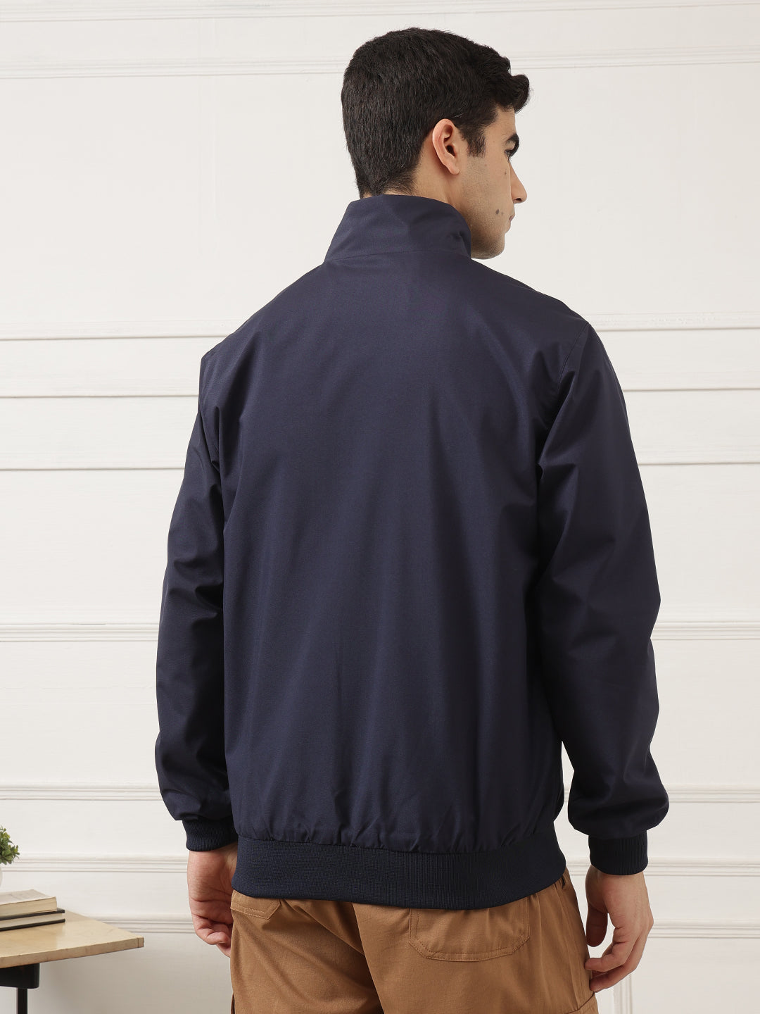 Navy Regular Fit Solid Full Sleeves Stand Collar Zip-Front Casual Bomber Jacket For Men