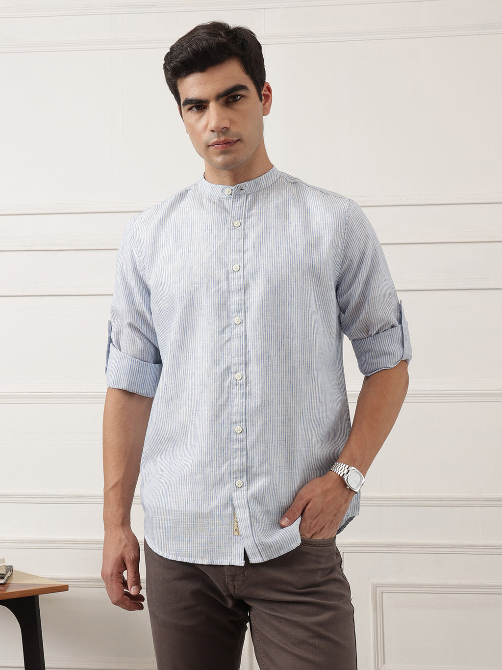 Blue Premium Regular Fit Roll-Up Sleeve Mandarin Collar Pinstripe Linen Casual Shirt for Men