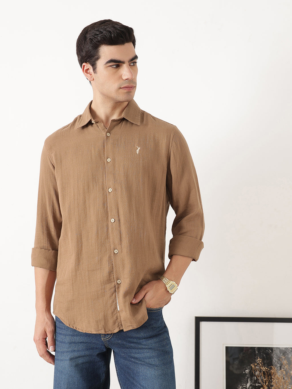 Brown Premium Regular Fit Long Sleeves Spread Collar Solid Cotton Casual Shirt For Men