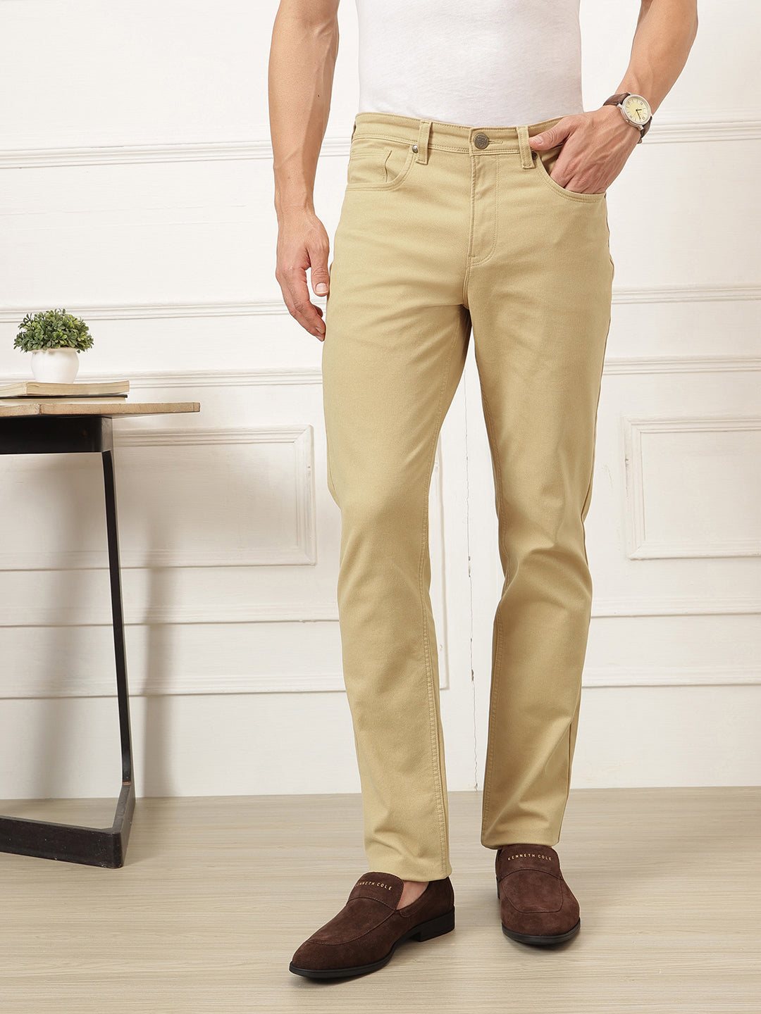 Beige Smart Straight Fit Mid-Rise Solid Woven Trouser For Men