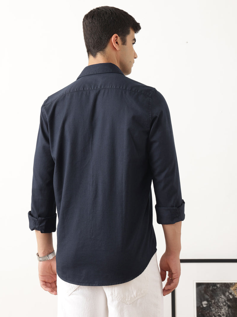 Thomas Scott Men Relaxed Navy Slim Fit Long Sleeves Spread Collar Solid Cotton Casual Shirt