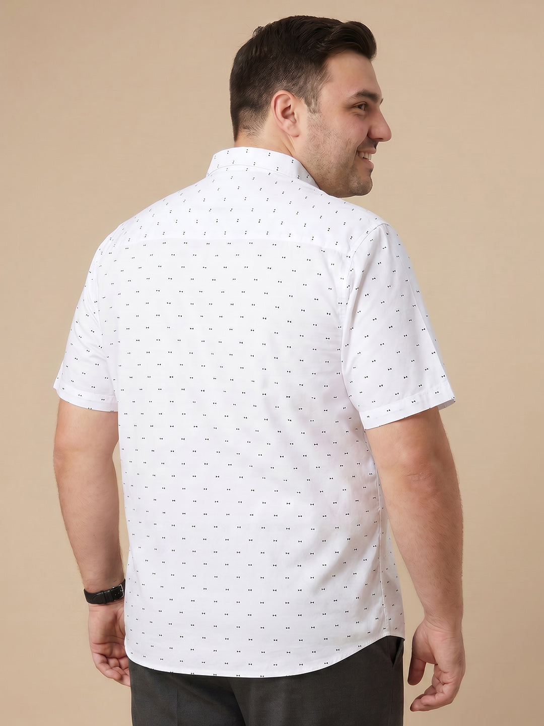 Pure White 1 Plus Size Regular Fit Micro Ditsy Printed Spread Collar 100% Cotton Casual Shirt For Men