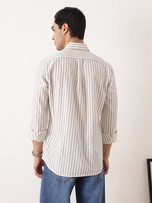 Thomas Scott Men Olive Premium Regular Fit Long Sleeves Spread Collar Vertical Stripes Cotton Linen Casual Shirts