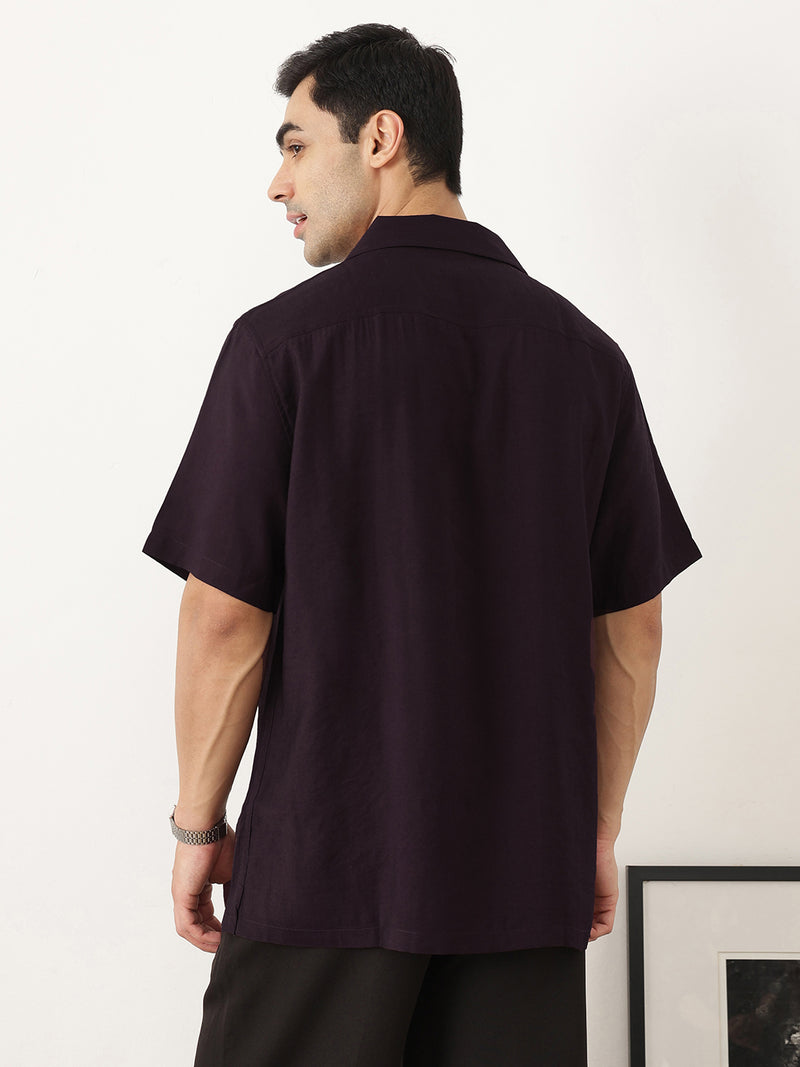 Thomas Scott Men Premium Wine Oversize Fit Short Sleeves Cuban Collar Textured Casual Shirt