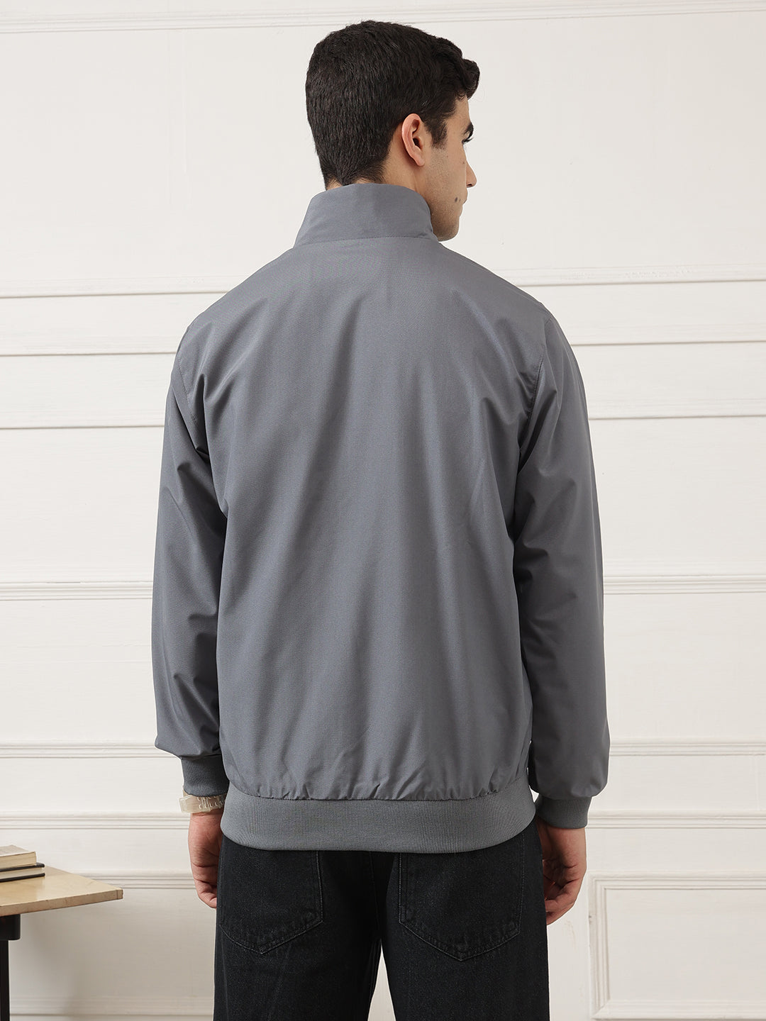 Grey Regular Fit Solid Full Sleeves Stand Collar Zip-Front Casual Bomber Jacket For Men