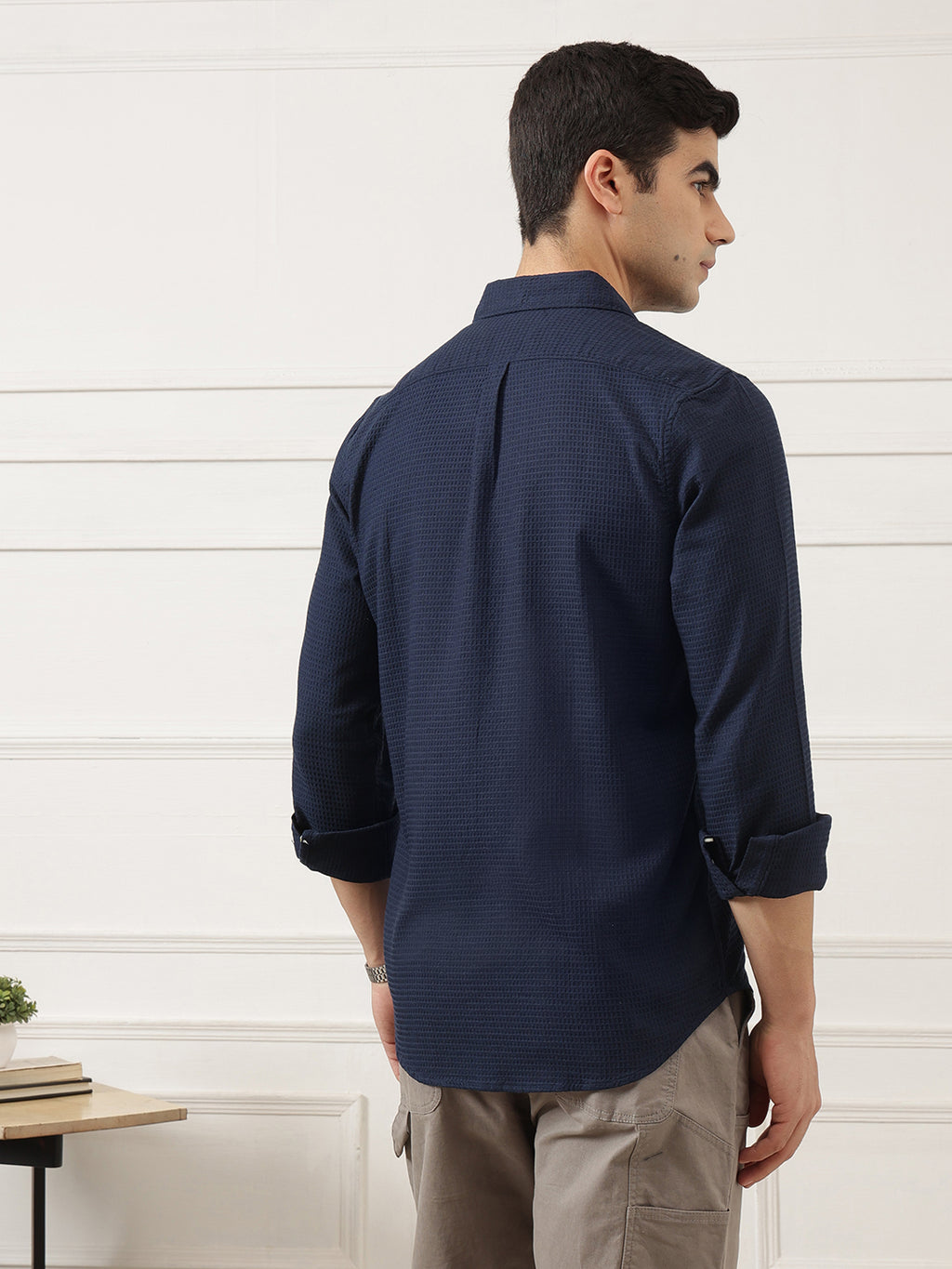 Navy Blue Premium Regular Fit Long Sleeves Spread Collar Textured Cotton Casual Shirt For Men