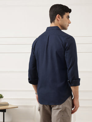Navy Blue Premium Regular Fit Long Sleeves Spread Collar Textured Cotton Casual Shirt For Men