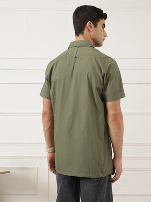 Olive Premium Regular Fit Short Sleeves Spread Collar Textured Casual Shirt For Men