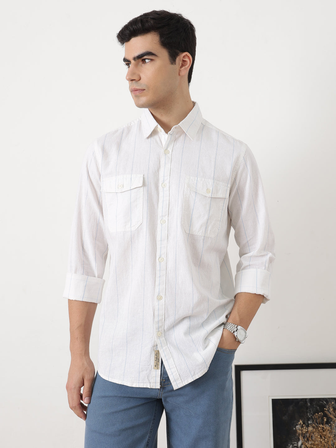 Light Blue Regular Fit Long Sleeves Spread Collar Vertical Stripes Cotton Linen Casual Shirt For Men