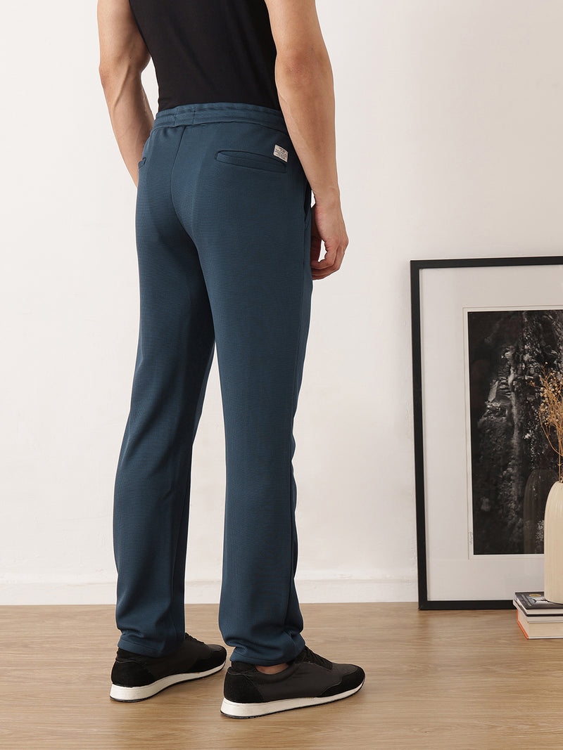Thomas Scott Men Blue Smart Regular Fit Mid-Rise Textured Pleated Knitted Casual Trousers with Drawstring Closure