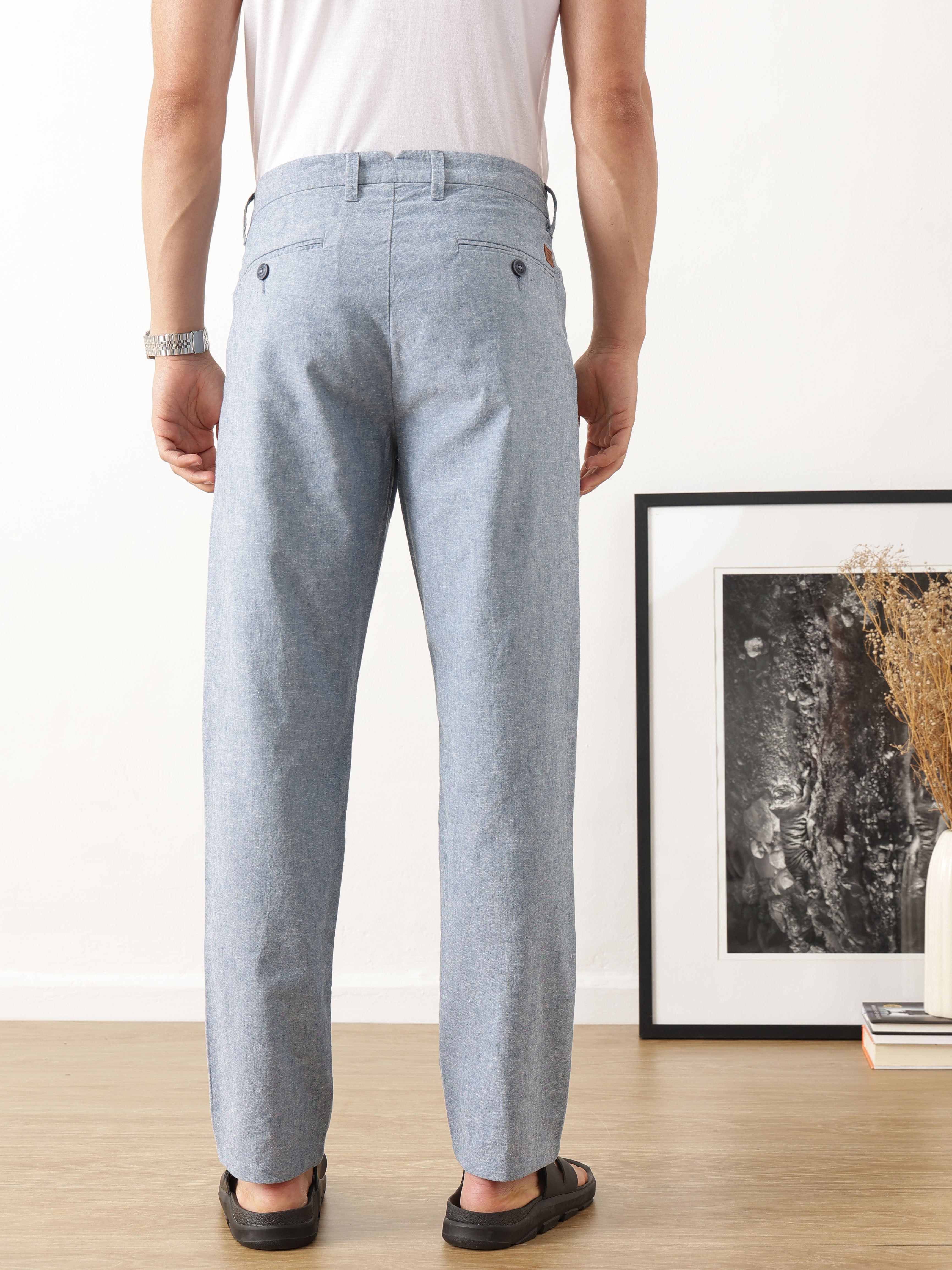 Thomas Scott Men Smart Blue Straight Fit Mid-Rise Solid Woven Linen Trouser