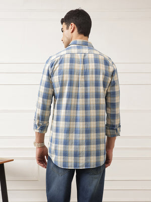 Blue Premium Slim Fit Graphic Checked Cotton Linen Casual Shirt For Men