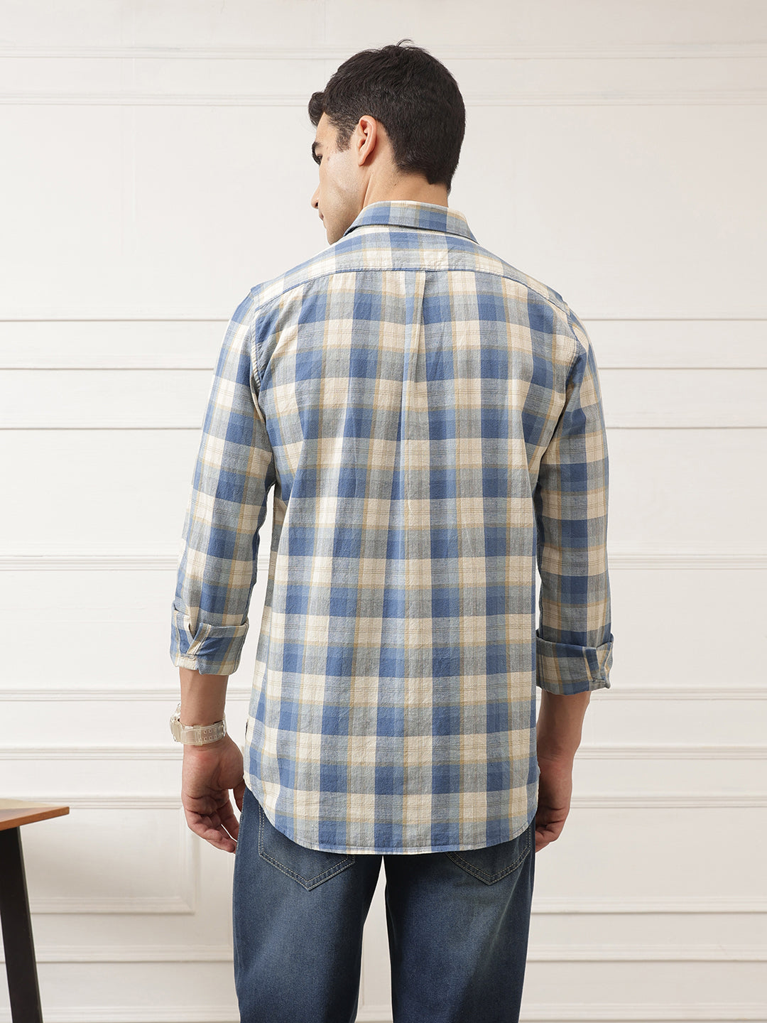 Blue Premium Slim Fit Graphic Checked Cotton Linen Casual Shirt For Men