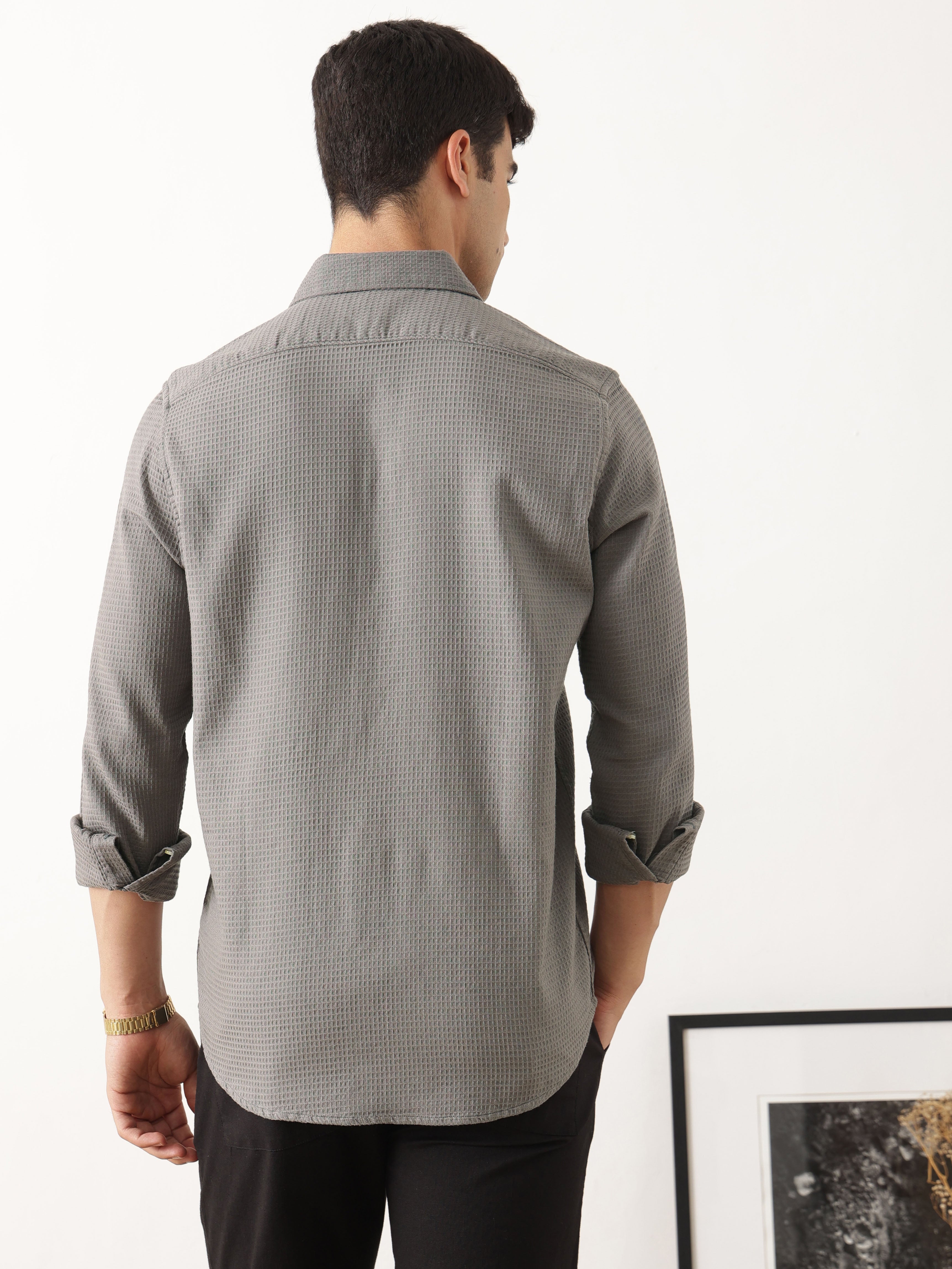 Thomas Scott Men Premium Grey Regular Fit Long Sleeves Spread Collar Textured Casual Shirt